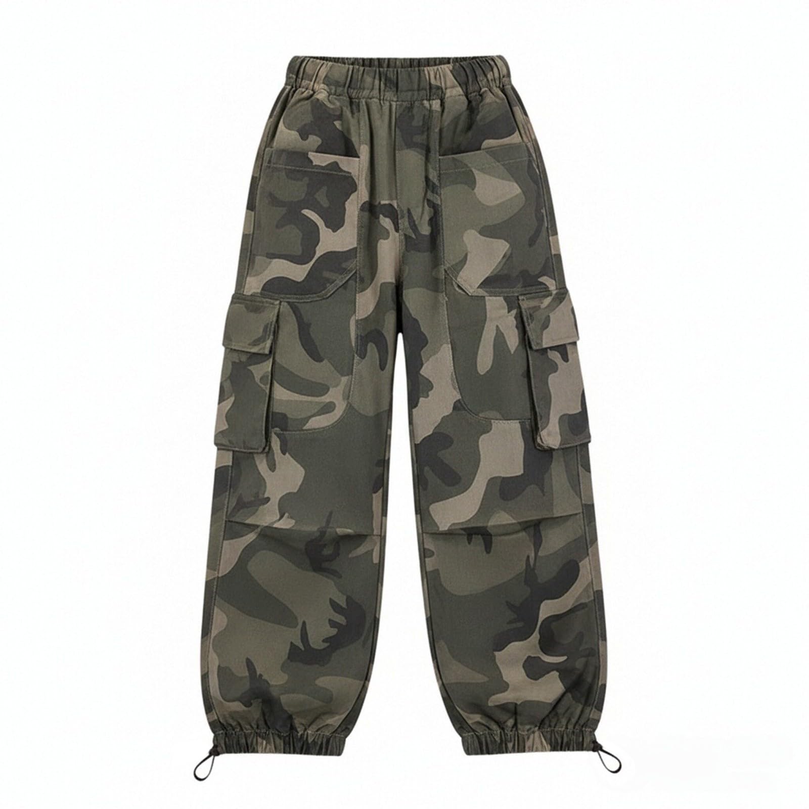 Pantalones cargo holgados para niñas, con múltiples bolsillos, estilo Y2K, hip hop, ropa urbana, pantalones de camuflaje vintage, cintura elástica, pantalones de paracaídas de pierna ancha para niños