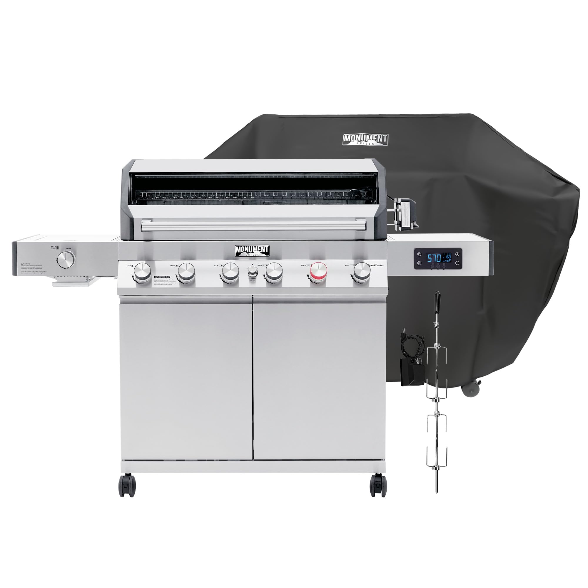 Monument Grills 6+1 Burner Smart Tech Propane Gas Grill with Cover and Rotisserie Kit, Denali 605Pro Stainless Steel Grill 78,000 BTU Outdoor Patio Barbecue Grill with Side Sear Burner, Knob Control