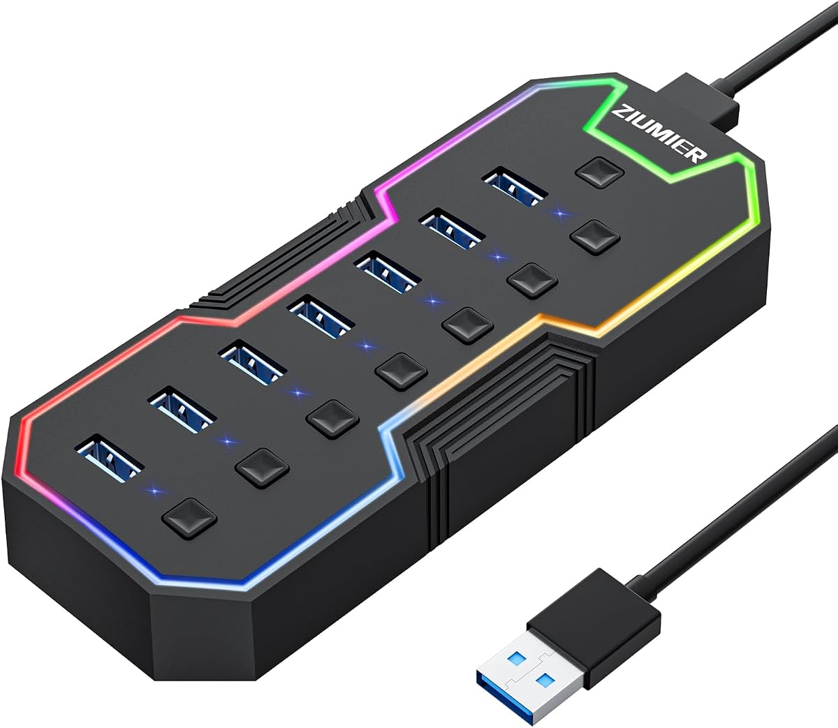 Hub USB de 7 puertos, divisor USB de tira LED RGB para juegos de portátiles | Hub USB 3.0 con interruptores LED de encendido/apagado individuales para Mac, PC, escritorio, unidad flash y disco duro móvil