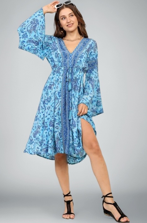 KE KANHA EXPORTS Dress for Woman|Boho Dresses for Women|Beach Wear|Border Print|Adjustable Tassel at Waist|Vacation Boho Casual|Multicolor|Easily fits S-M-L|Bust 32-38 in|Length 40 in