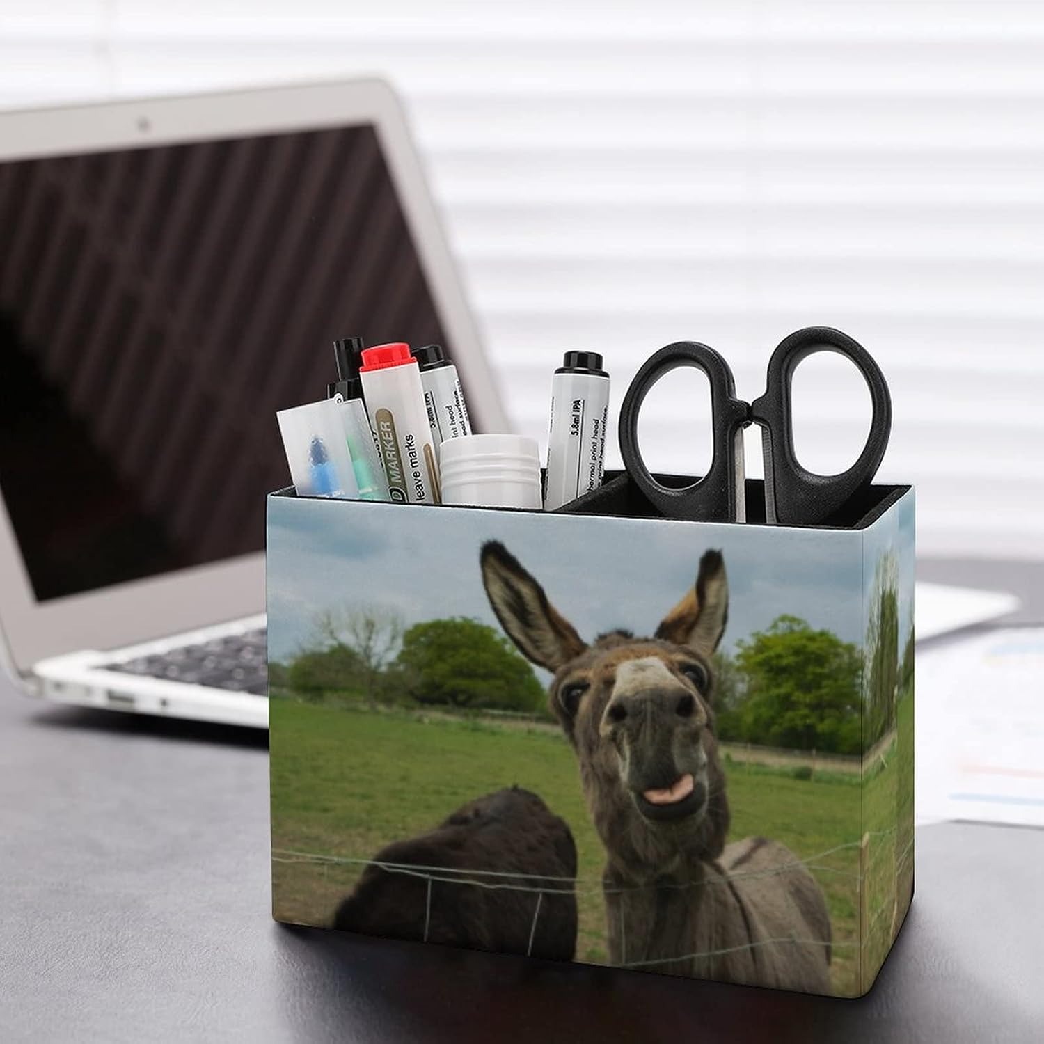 Niapessel Pencil Holder for Desk, Brown Furry Donkey Pen Holder Storage Desktop Pen Organizer Desk Pencil Organizer Makeup Brush Holder for Office School College Leather image 5