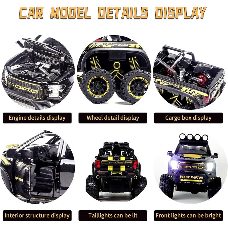 Image of Kids Model 1:24 Raptor F150 Die Cast Metal Car Pull Back Action Opening Doors with Realistic Engine Sound Lights Toy Car Gift for Boys - Multi