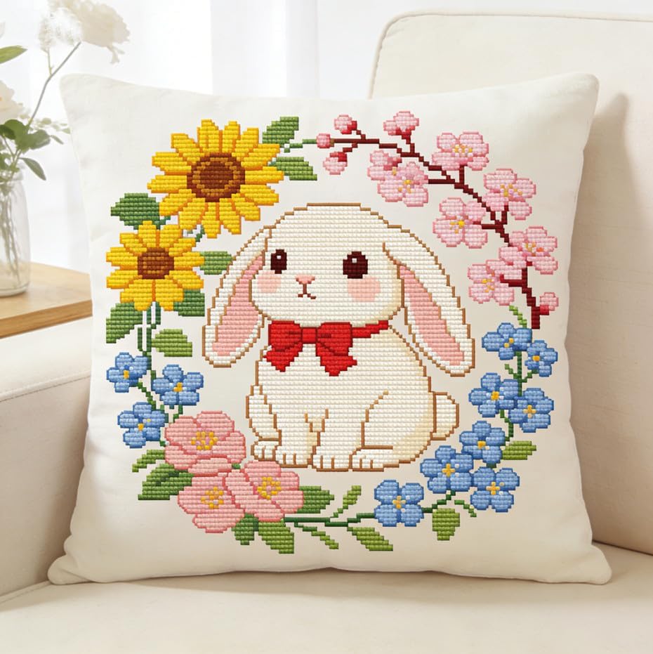 クロスステッチクッションキット ウサギと花 11ct45x45cm DIYクッション刺繍キット クロスステッチ枕カバーキット 大人初心者向け。