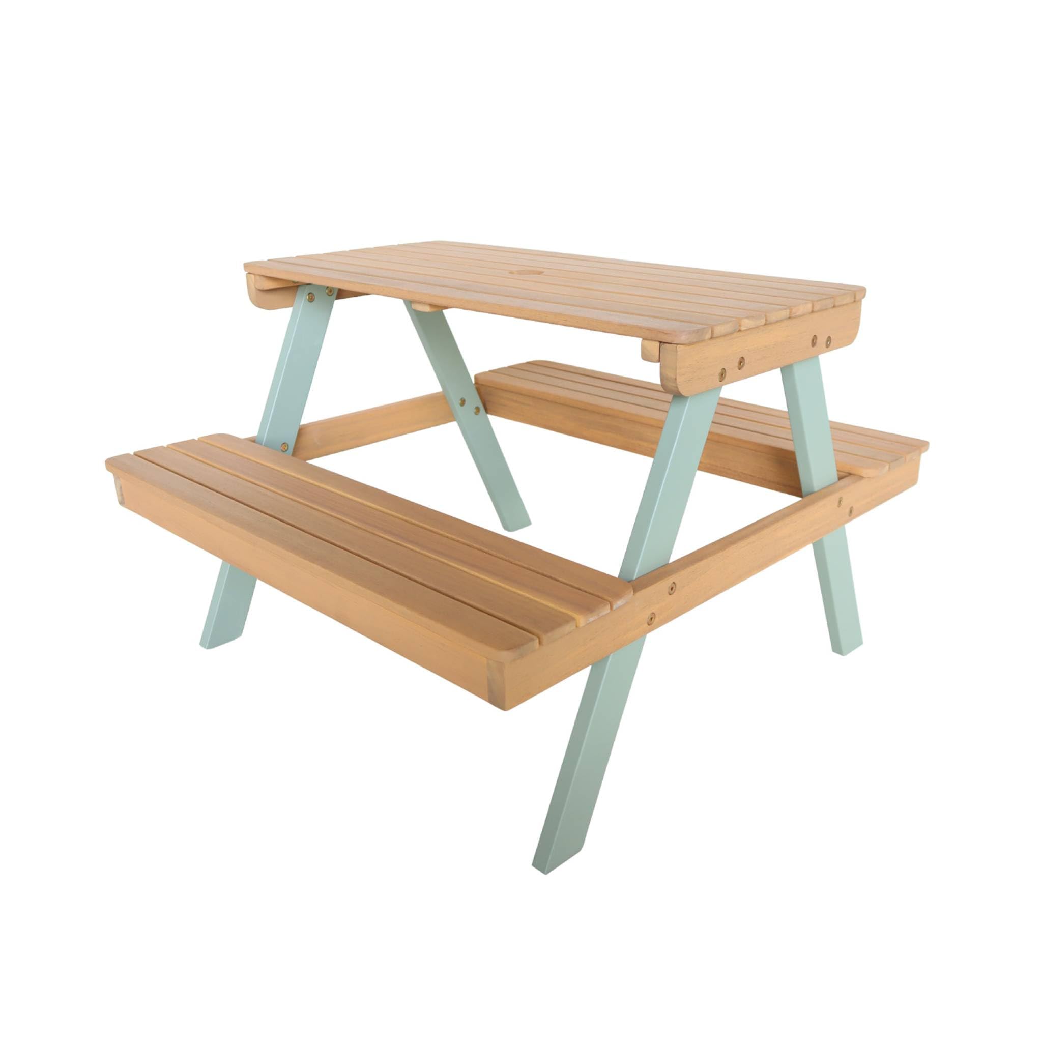 Alice's Garden sweeek - Table de Pique-Nique. Salon de Jardin Enfant Bois d'acacia + 2 Places Couleur Teck Clair et Vert de Gris