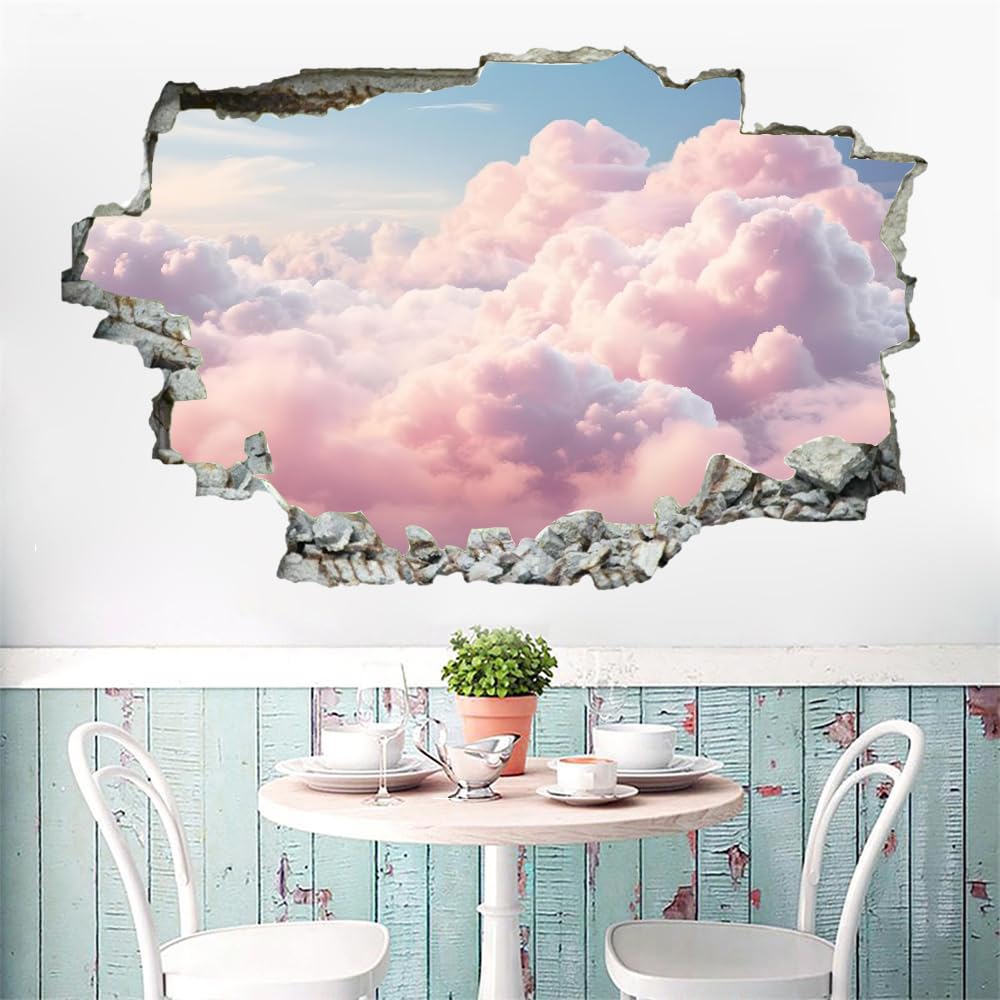 Pegatinas De Decoración De Pared 3D Roto Nube Rosa Pegatina De Pared Cielo Azul Paisaje Natural Tatuaje De Pared Para Decoración De Pared De Guardería, Sala De Estar, Decoración Del Hogar 120x80cm