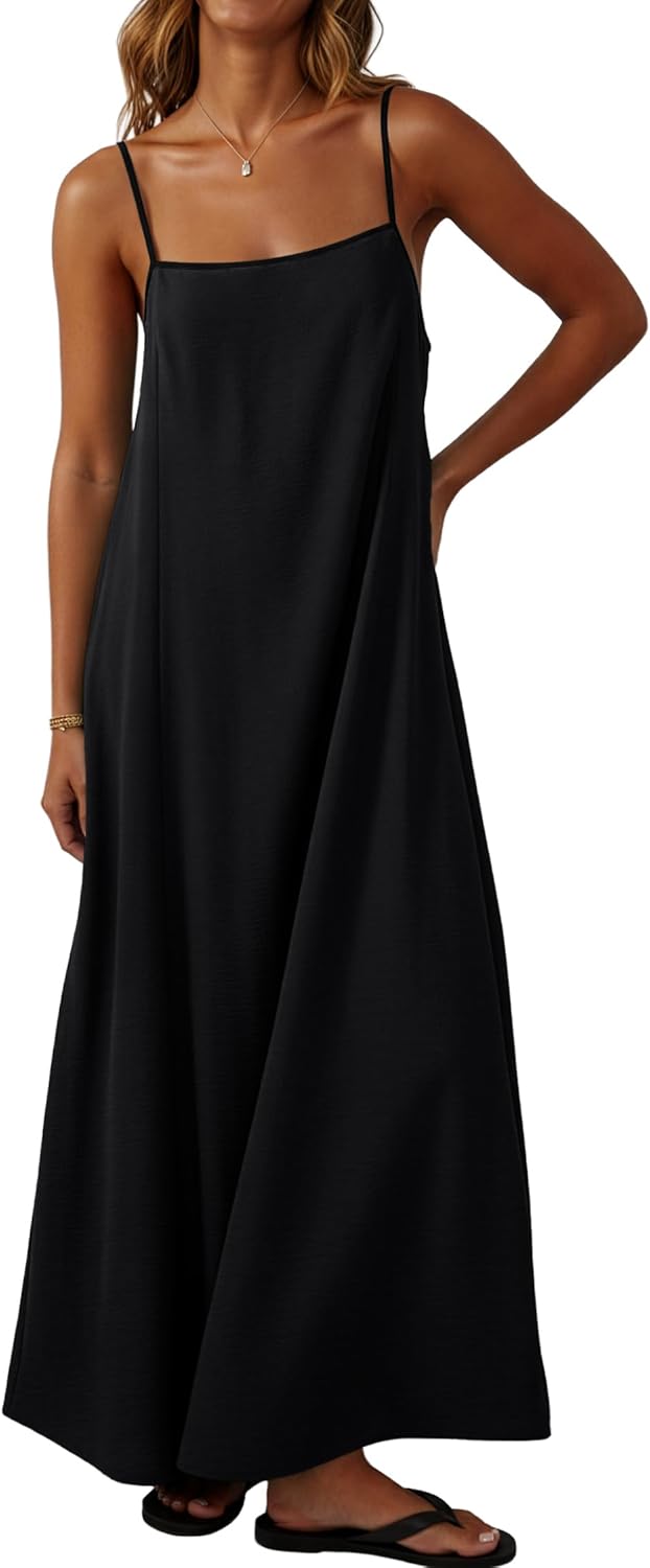 Lepunuo Summer Dresses for Women Casual Maxi Dresses Contrast Spaghetti Strap Sundresses Sexy Backless Dress