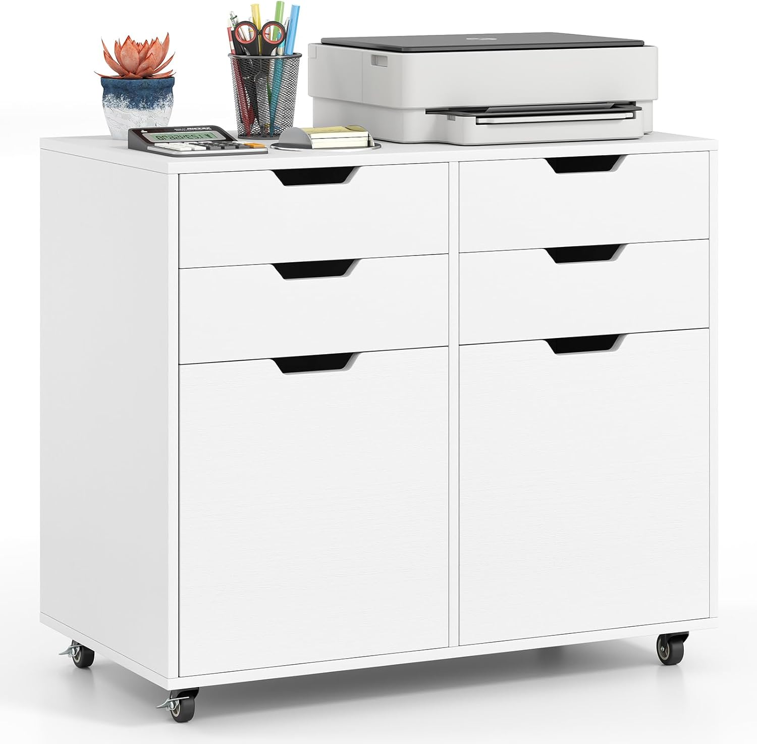 Giantex 4-Drawer File Cabinet, Rolling Printer Stand with 2 Lockable Wheels, Wooden Lateral Filing Cabinet, Load 298 Lbs, Under Desk Craft Storage Organizer for Home Office Organization (White)