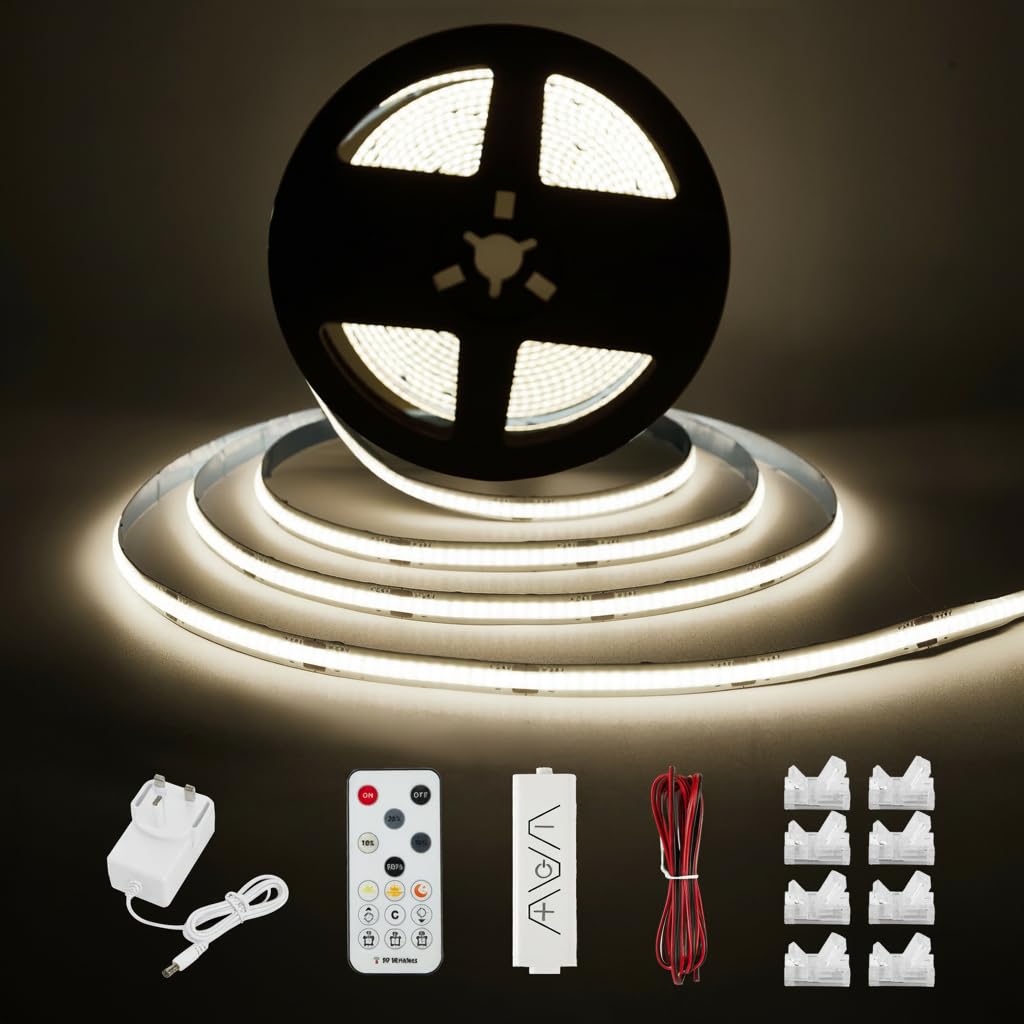 Enteenly COB LED Strip White 10 Meters, Under Cabinet Light Strip Kit with RF Remote Control for Display Case, Kitchen, Desk, Shelf, Cupboard, with 24V Adapter, 6500K