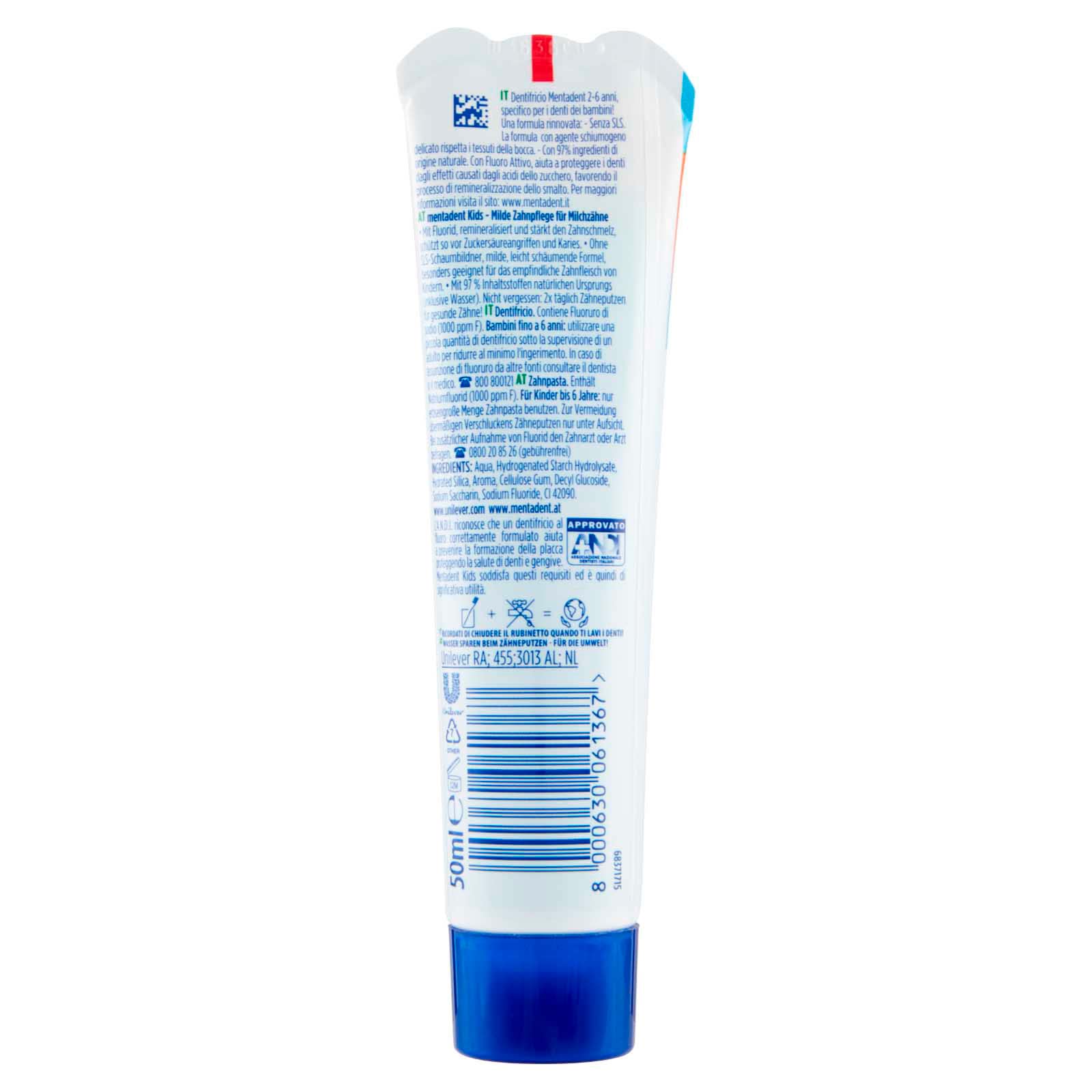 4x Mentadent Dentifricio Kids 2-6 Anni Gusto Frutta per Bambini - 4 Flaconi da 50 ml ognuno