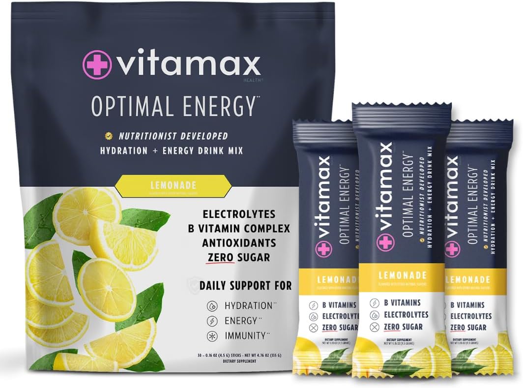 Optimal Energy - Sugar Free Hydration Recovery Powder Stick Packs | B Vitamin Complex Electrolyte Drink Mix | Easy Open Single-Serving | Non-GMO | 30 Servings (Lemonade)
