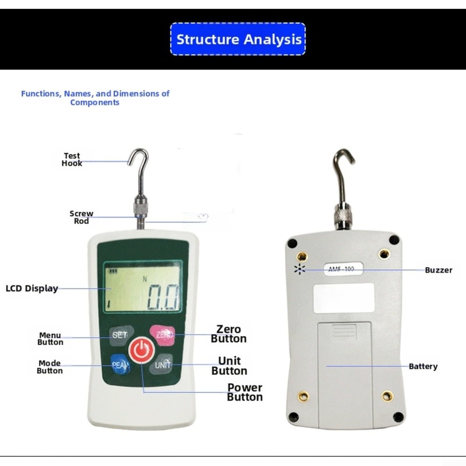 Misuratore di forza digitale ZMF-500, tester push pull da 50 kg con gancio in acciaio inossidabile, multi-unità per ricerca di laboratorio industriale