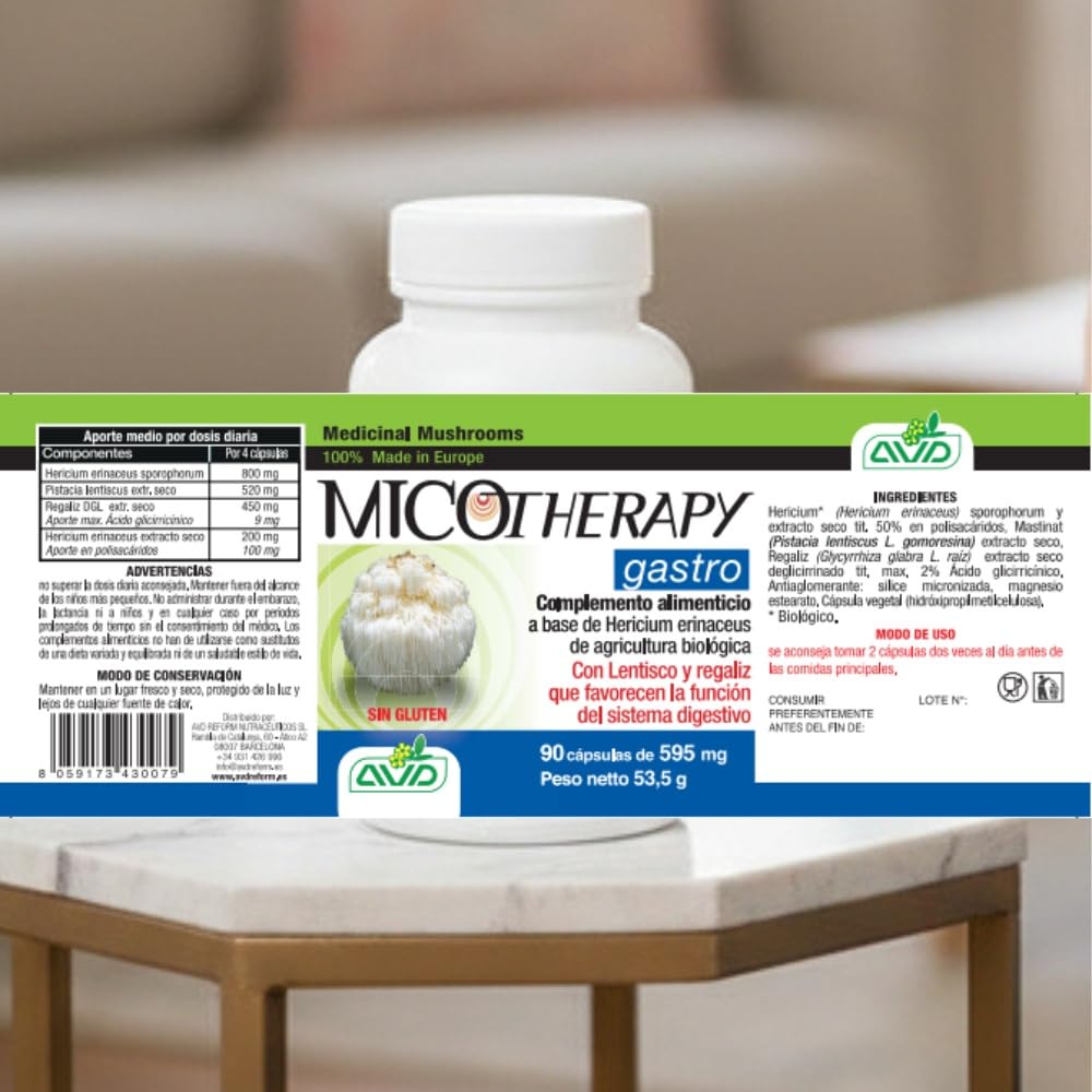 MICOTHERAPY Gastro Melena de León 90 Cápsulas de 595mg para la Salud Gastrointestinal sin Glúten. Extracto de Lions Mane (Hericium Erinaceus) para la Acidez, Reflujo, Úlcera, Inflamación y Digestión
