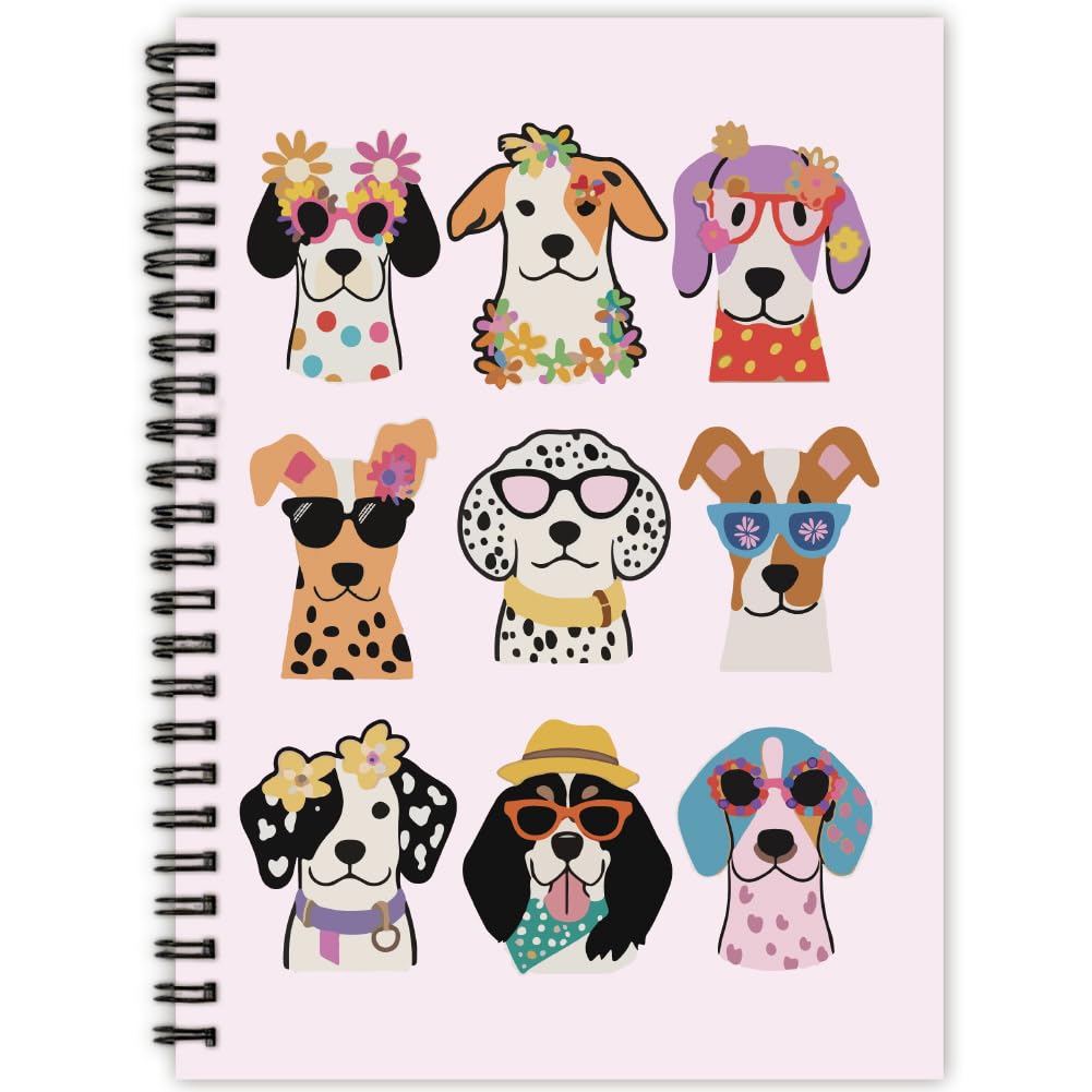 PRESSINART Cute Dog Spiral Notebook 8 x 6 Inch Lined Spiral Journal 160 Pages/80 Sheets A5 Hardcover College Ruled Journal with Pocket for Writing Notes Travel Business Office Stationery Supplies