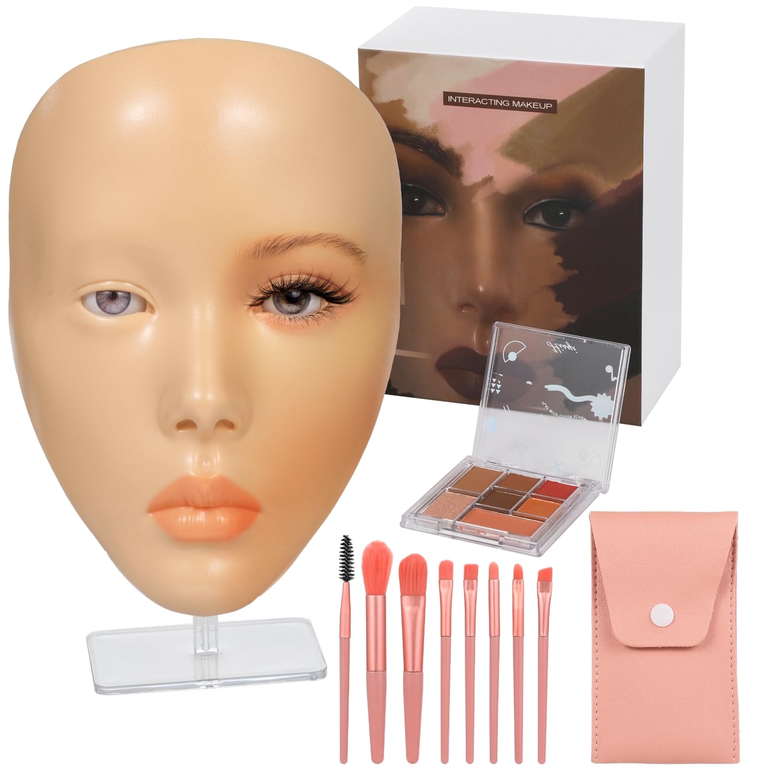Kit visage de pratique maquillage, visage mannequin en silicone avec support, palette fards à paupières 7 couleurs, 8 pinceaux de maquillage, kit complet pour débutants, pour progresser
