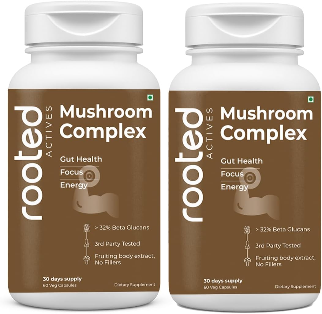 Rooted Mushroom Complex - 7 Mushrooms Blend for Heart, Liver, Gut, Energy & Immunity (120 Veg Caps, 500 mg) | USDA Organic, > 30% Beta Glucans | Pack of 2