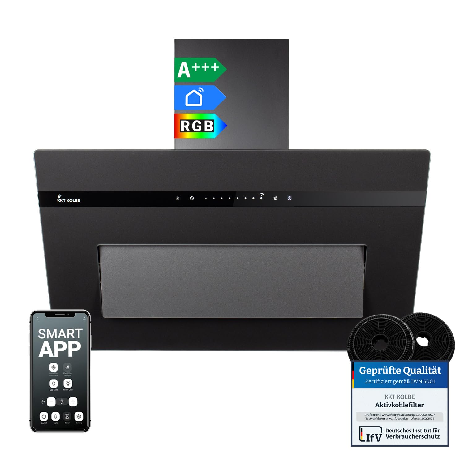 KKT KOLBE Okap kuchenny PLOOM8005S, 80 cm bez głowicy czarny | 782 m³/h, powietrze wylotowe i obiegowe, szkło matowe, obsługa SensorTouch, oświetlenie LED RGBW, aplikacja Smart WiFi, Wi-Fi
