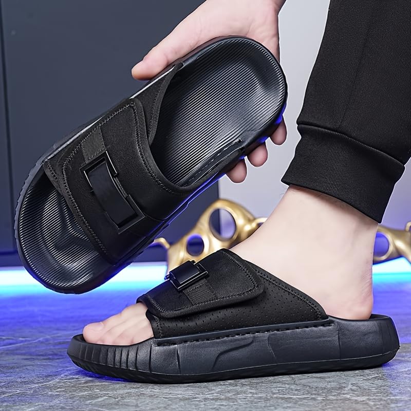 Men's Summer Thick-Sole Non-Slip Slides - Stylish White & Black Casual Beach Sandals with Adjustable Strap, Comfortable for Casual Attire3
