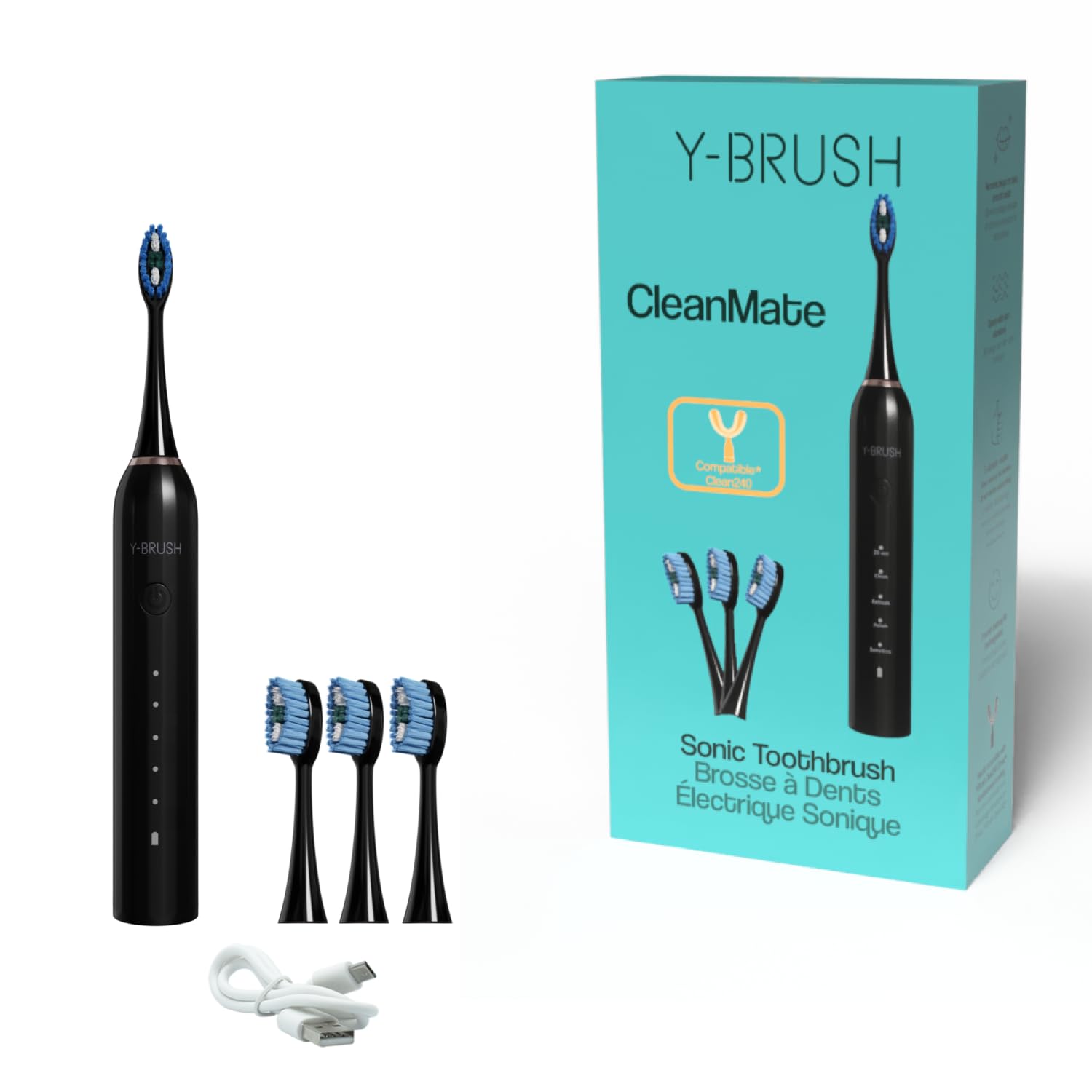 CleanMate - Brosse à Dents Électrique Sonique - Compatible Têtes de Brosse en Y - 2 Mois d'Autonomie
