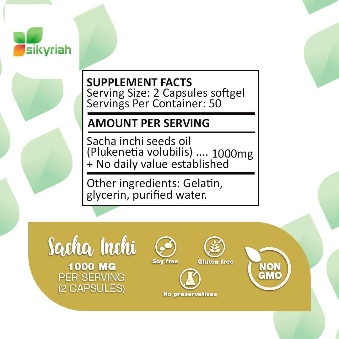 Omega 3 - 6 - 9 Softgels - 100 Units - Natural Omega Plant sourced, Sacha Inchi Seed Oil from Peru - No Fish Oil and Algae - 1000 mg Omegas 3, 6, 9 per dose - Odorless - USDA Certified - Sikyriah : Health & Household