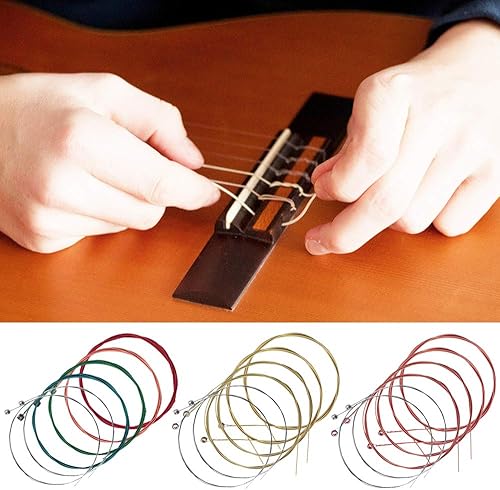 Miniatura 6 de Paquete de 3 cuerdas de guitarra acústica (oro, latón, multicolor) con púas de guitarra de celuloide, kit de bobinadora de cuerdas para