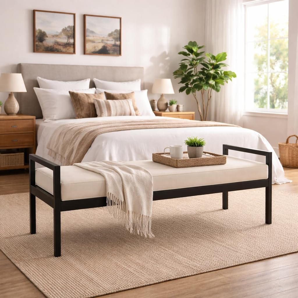 HomePop Modern Metal Bench|Bench for Living Room & Bedroom | Decorative Home Furniture - Cream Boucle