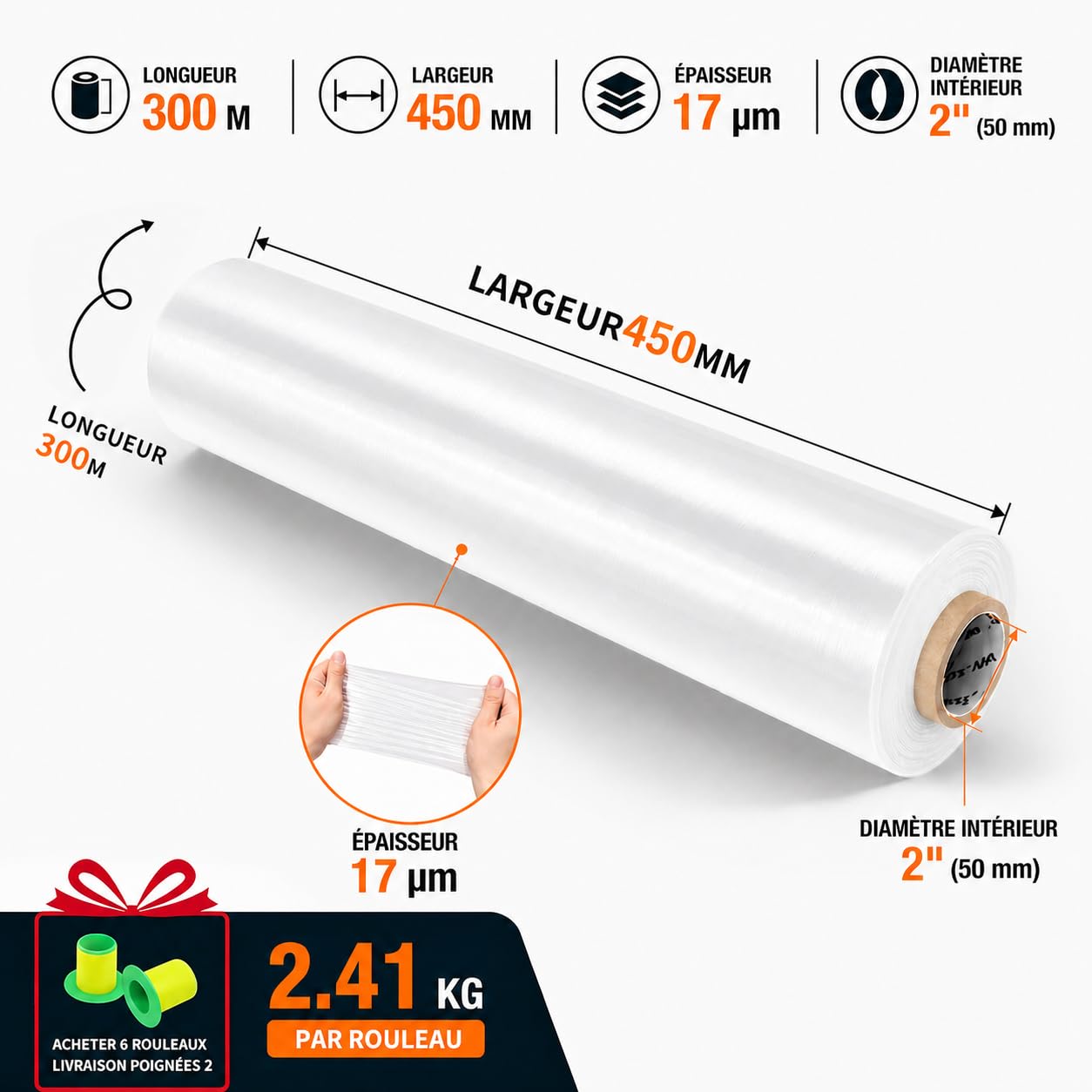 Lot de 6 Film Étirable, 45 cm x 300 m, 2,41 kg, 17 µm, Blanc