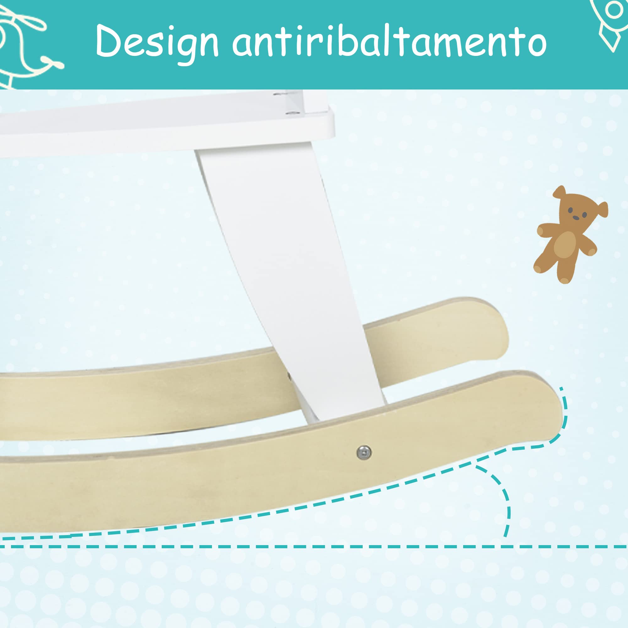 HOMCOM Cavallo a Dondolo Classico in Legno per Bambini 1-3 Anni con Bordo, Maniglie e Poggiapiedi, 68x26.5x48cm, Bianco