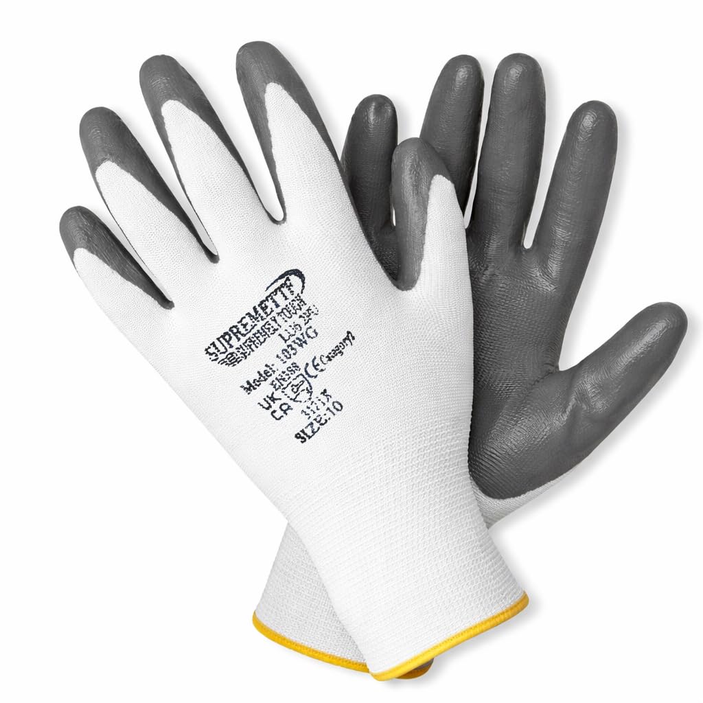 Supreme TTF Work Gloves Red Nitrile Coated Gloves, Heavy Duty Non-Slip Grip for Building and Gardening Warehouse Gloves PREMIUM Quality (240, White, Large)