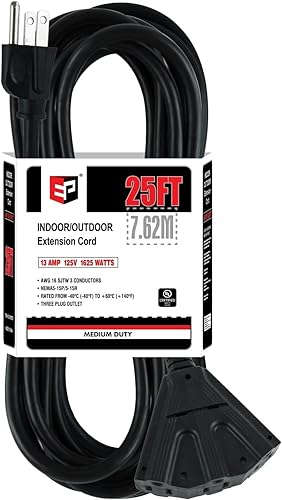 EP Cable de extensión para exteriores de 25 pies con 3 tomas de corriente eléctrica, cable negro SJTW de 163 con enchufe a tierra de 3 clavijas para