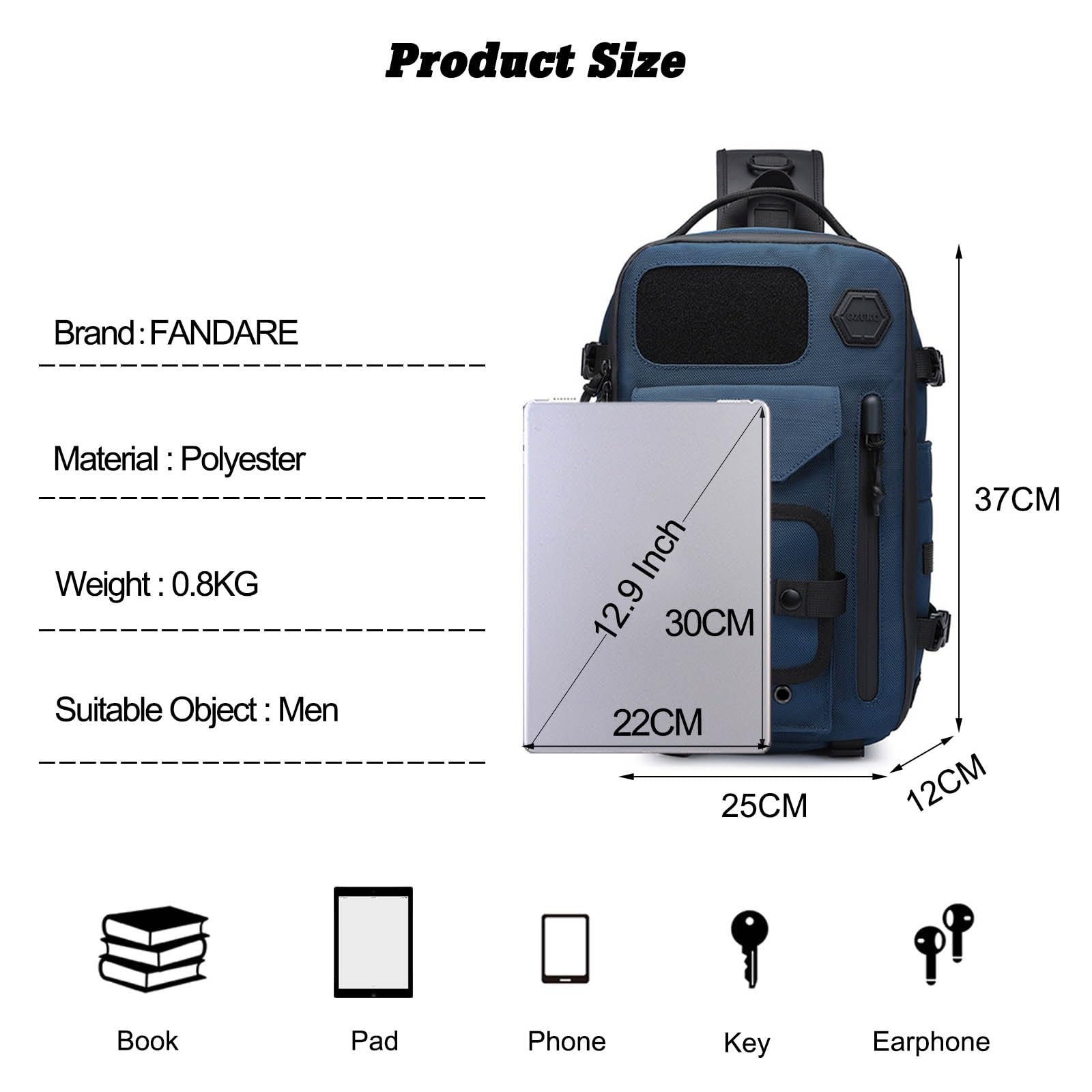 FANDARE Bolsa de Pecho Táctica Bolsa Cruzada Sling Bag Bandoleras para el Gimnasio Bolsos Bandolera Hombre Bolso Hombro Crossbody Bag Mochilas Senderismo Mochila de Viaje Azul