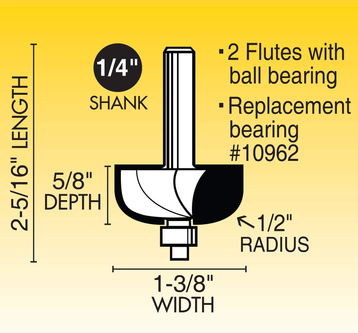 IVY Classic 10858 1/2" Radius Cove Carbide Router Bit with Ball Bearing, 1/4" Shank, 1/Hang Box, Radius: 1/2", Width: 1-3/8"