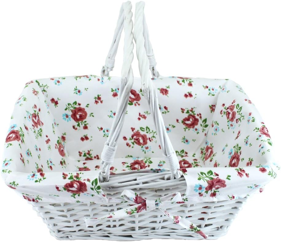 Wicker White Storage Gift Basket Willow Woven Picnic Basket with Double Folding Handles,Kingwillow. (White)