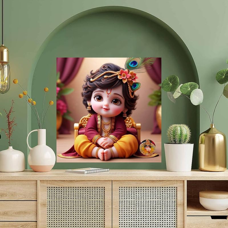 Image of British Terminal Cute little Bal Gopal Baby God Krishna| Kanha Ji | Laddu Lord Makhan Chor Painting Religious Poster for Pregnant Women for wall (matt thin vinyl,sticker,multicolor,unframed)| bj450