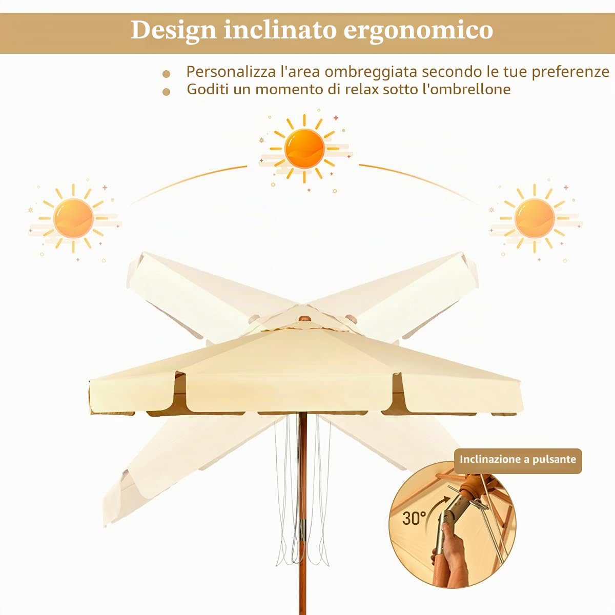 KOMFOTTEU Ombrellone da Giardino 3 m Regolabile in Altezza | Parasole in Legno di Faggio, con 8 Montanti, Manovella con Angolo Inclinazione 30°, senza Base, Beige