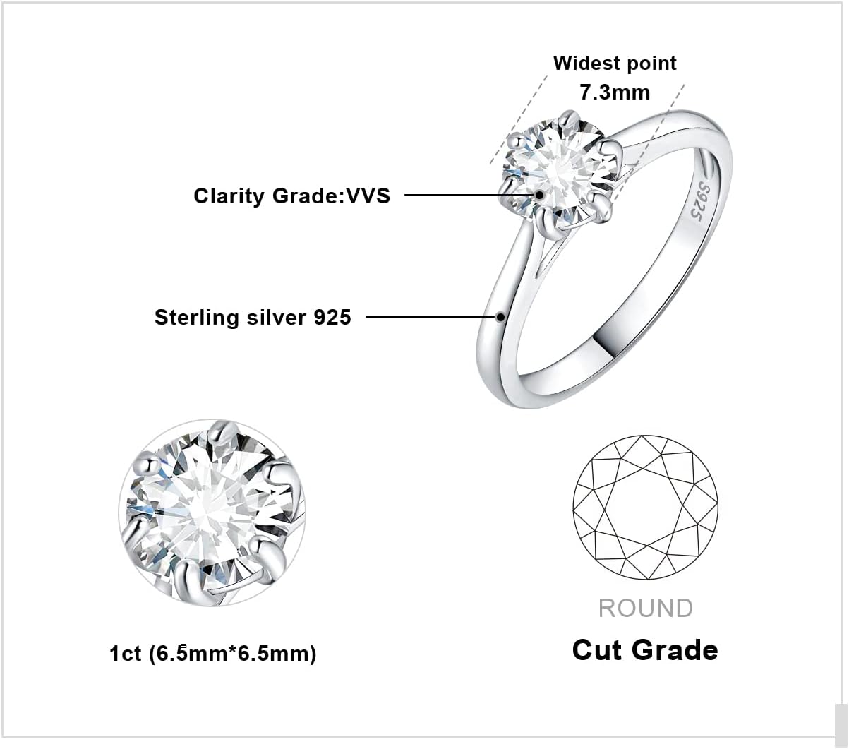 JewelryPalace Classic 0.5-2ct Round Cut Moissanite Solitaire Engagement Rings for Women, 14K White Yellow Rose Gold Plated 925 Sterling Silver Promise Ring, Simulated Diamond Anniversary Rings D-F VVS - Image 2