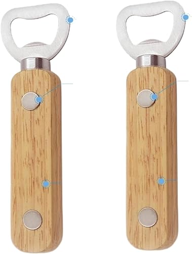 Paquete de 2 abridores magnéticos de botellas de cerveza para refrigerador con mango de madera maciza, permanece fácilmente en el refrigerador y RV