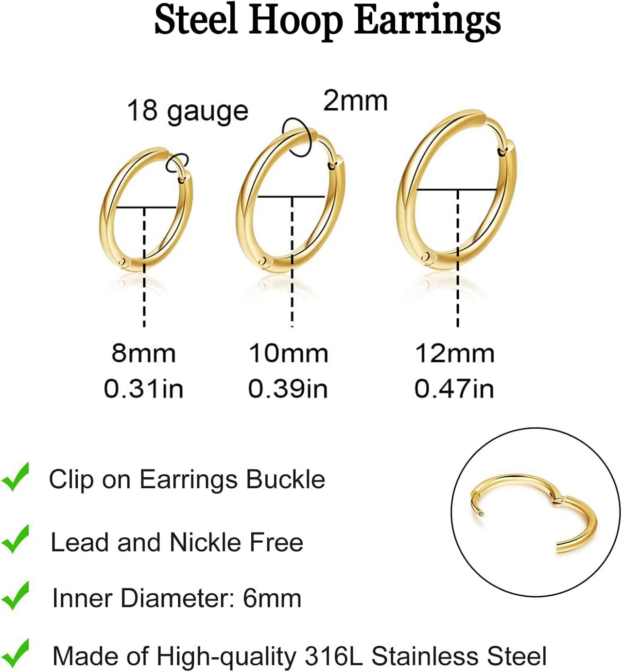 3 Pairs Hoop Earrings Sets for Women Men Multiple Piercing Surgical Steel Cartilage Hoops Hypoallergenic Lightweight Hoop Earrings Jewelry - Image 3