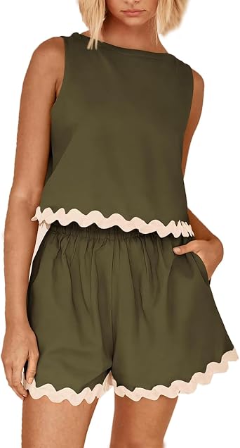 Womens 2 Piece Summer Beach Vacation Outfits Cropped Tank Top Elastic Waist Shorts Tracksuit Sets
