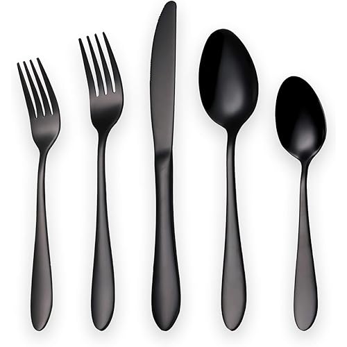 Titanium Black Plated Stainless Steel Flatware Set 20 Piece, Black Flatware Set, Black Silverware Set Service for 4 (Shiny Black)