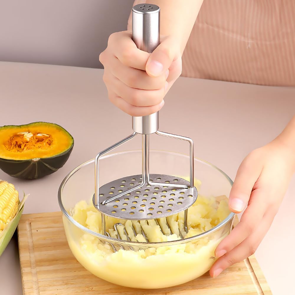 Aplastador de Patatas, Machacador de Patatas de Acero Inoxidable, Potato Masher de Doble Capa - Perfecto para triturar Patatas, Verduras, Alimentos para bebés - Apto para lavavajillas