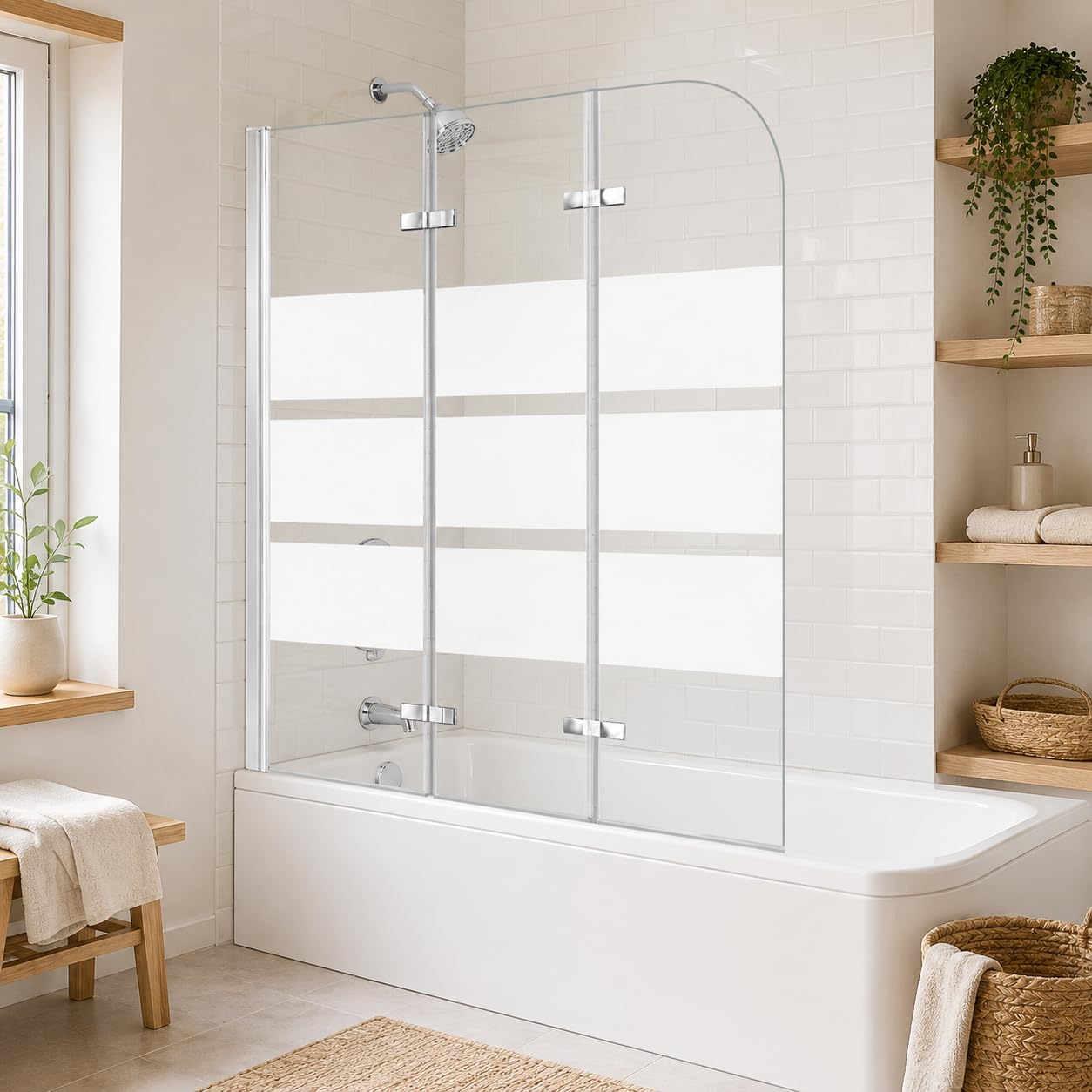 Pannello doccia per vasca da bagno, 120 x 140 cm, pieghevole, 3 pezzi, in vetro di sicurezza EGS da 6 mm, per doccia e vasca da bagno, strisce bianche