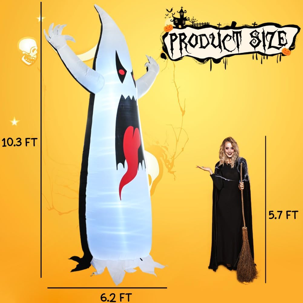 10.3FT Halloween Inflatables Grim Reaper, Spooky Ghost with Sounder Outdoor Decorations, Double-Sided Design Ghost with Build-in LED Lights Halloween Blow Up Yard Decorations for Lawn/Garden Decor