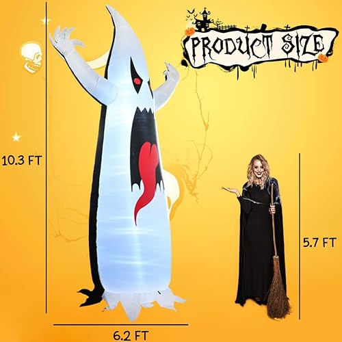 Miniatura 5 de Fantasma inflable de Halloween de 10.3 pies, lengua inflable de la parca fantasma de doble cara con sonido de terror, luces LED integradas para