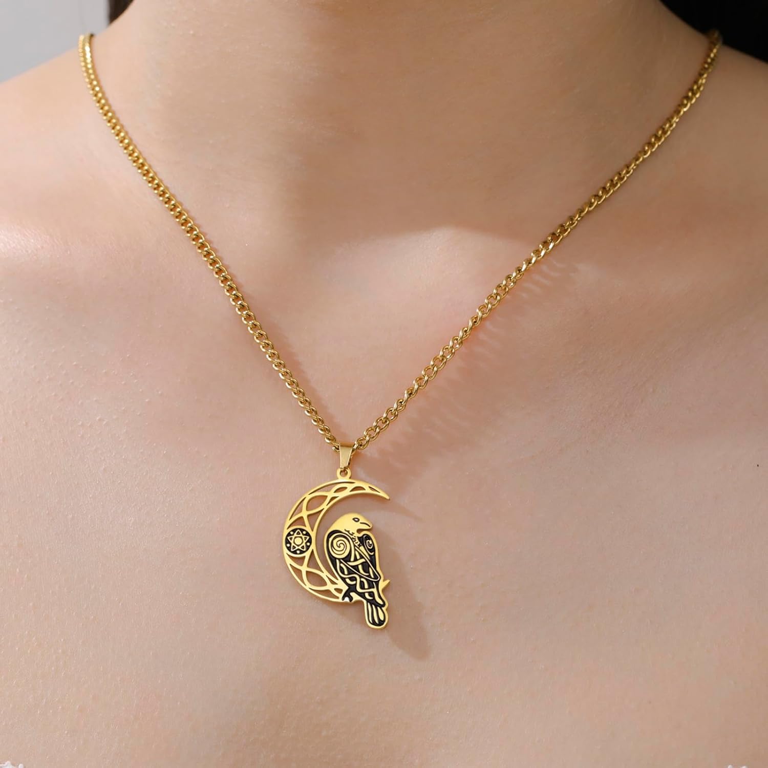 VASSAGO Viking Raven Necklace for Women Men Stainless Steel Crescent Moon Necklace Odin Raven Pendant Amulet Jewelry Gift - Image 5