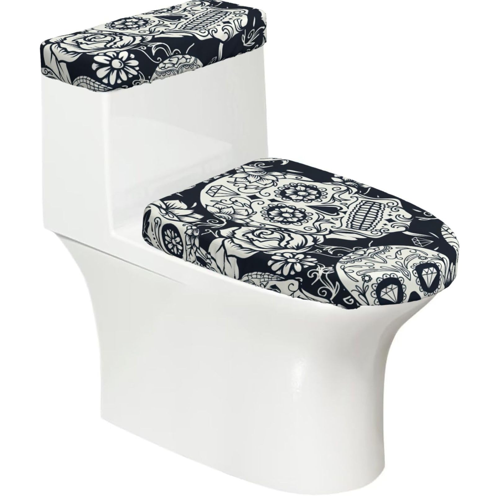 Floral Skull Print 2-Piece Stretch Toilet Cover Set, Elastic Breathable Toilet Seat and Tank Lid Protector