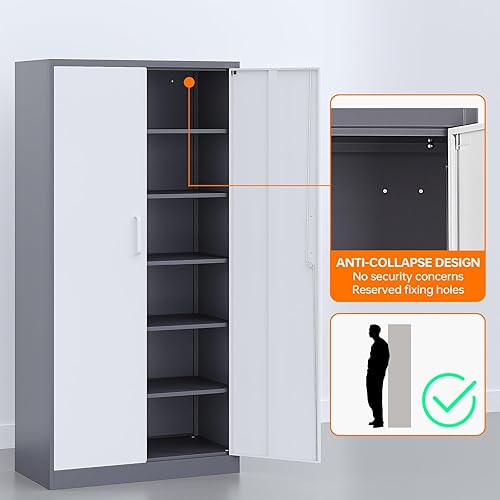 Miniatura 7 de Armarios de almacenamiento de metal con cerradura, gabinete de almacenamiento de garaje de 71 pulgadas con 2 puertas y 4 estantes ajustables,