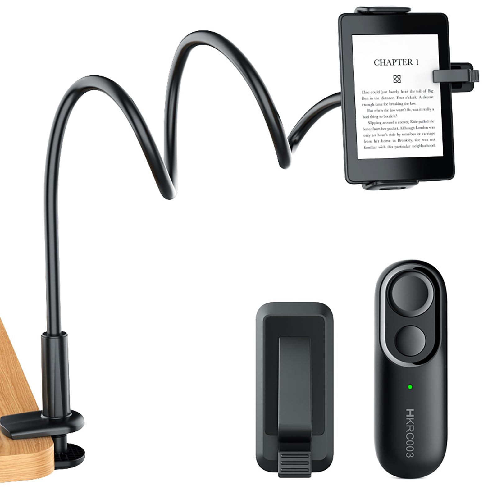 Soporte para Kindle con Pasapáginas Remoto, Flexible Brazo de Cuello de Cisne para Cama y Accesorio de Lectura Manos Libres para Kindle Paperwhite/Oasis/Kobo, iPad, Tablets, 4.7-10.35 Pulgadas