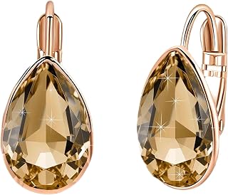 EVEVIC Teardrop Austrian Crystal Leverback Drop Earrings 14K Rose Gold Plated Hypoallergenic for Women