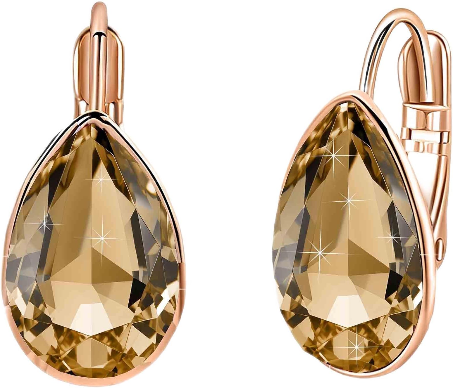 Teardrop Austrian Crystal Leverback Drop Earrings for Women 14K Rose Gold Plated Hypoallergenic Jewelry