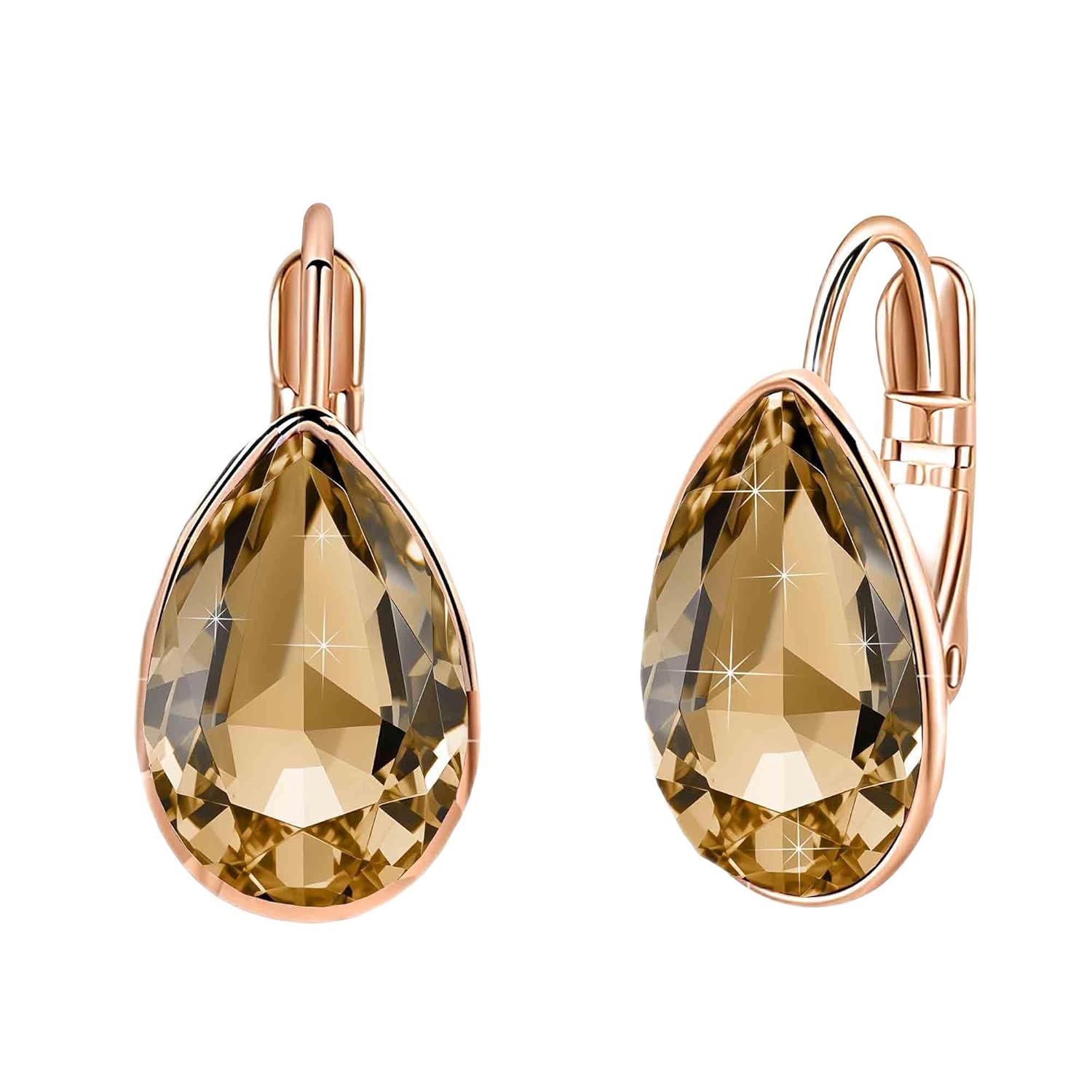 Teardrop Austrian Crystal Leverback Drop Earrings for Women 14K Rose Gold Plated Hypoallergenic Jewelry